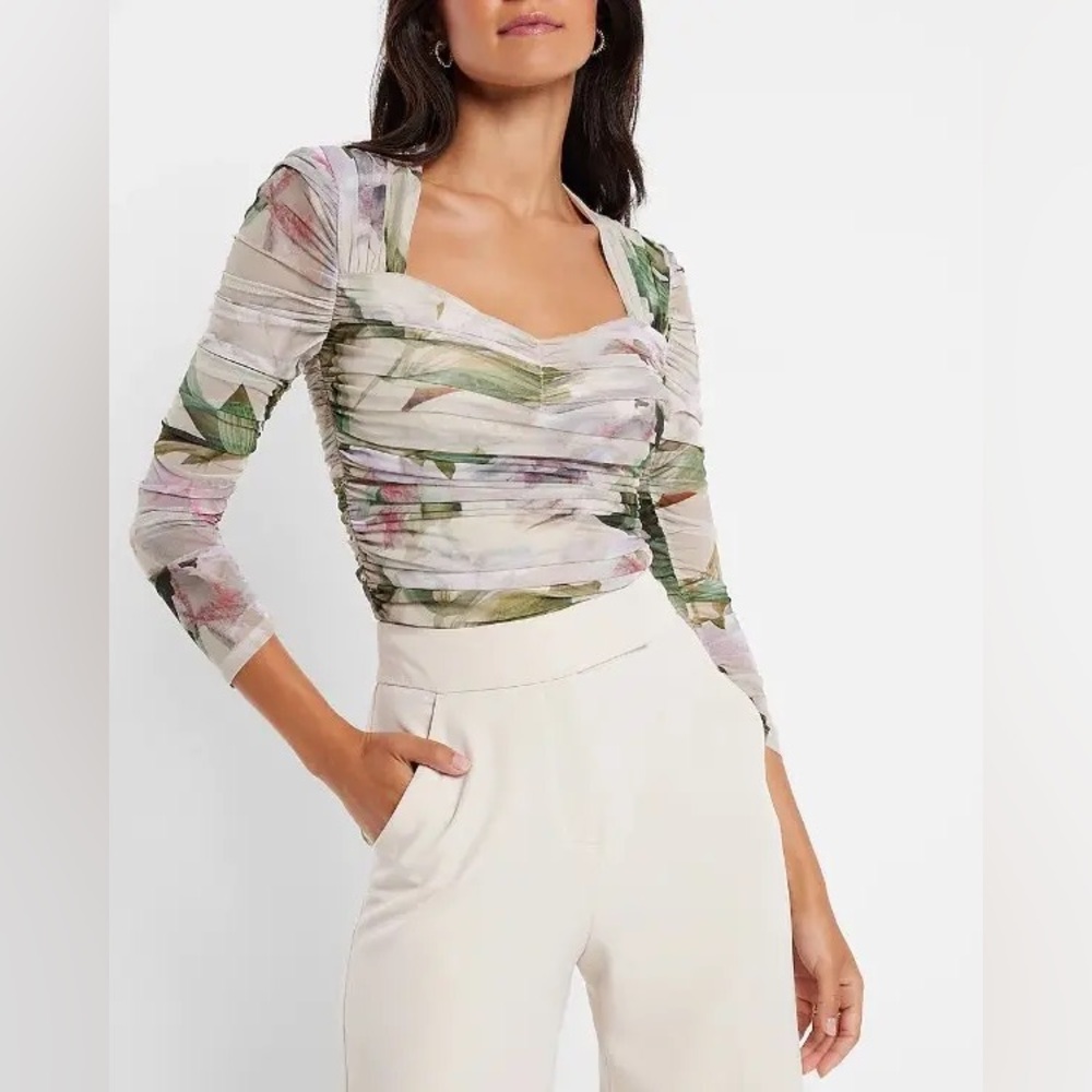 Express Floral Mesh Ruched Body contour Blouse sheer long-sleeved top y2k crop M